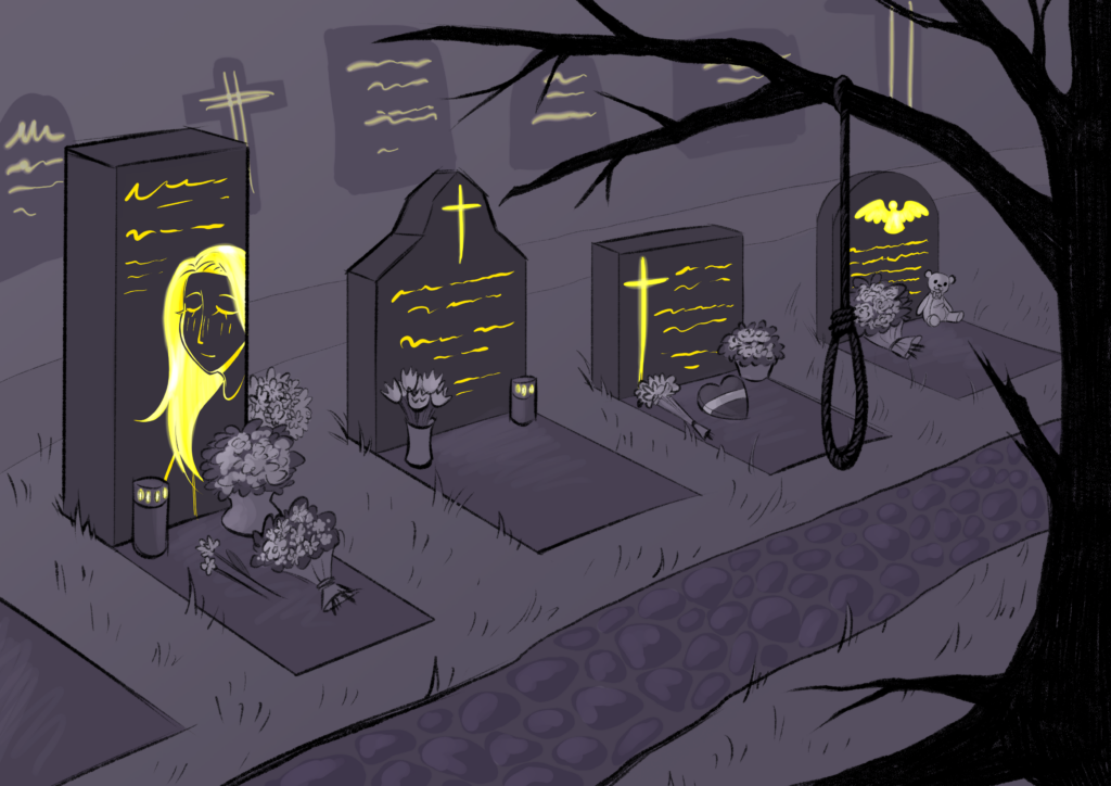 Ein hauptsächlich lila monochromatisch gehaltenes Bild von einem Friedhof. DIe einzige Akzentfarbe ist neon Geld, was die Beschriftungen der Grabsteine tragen.