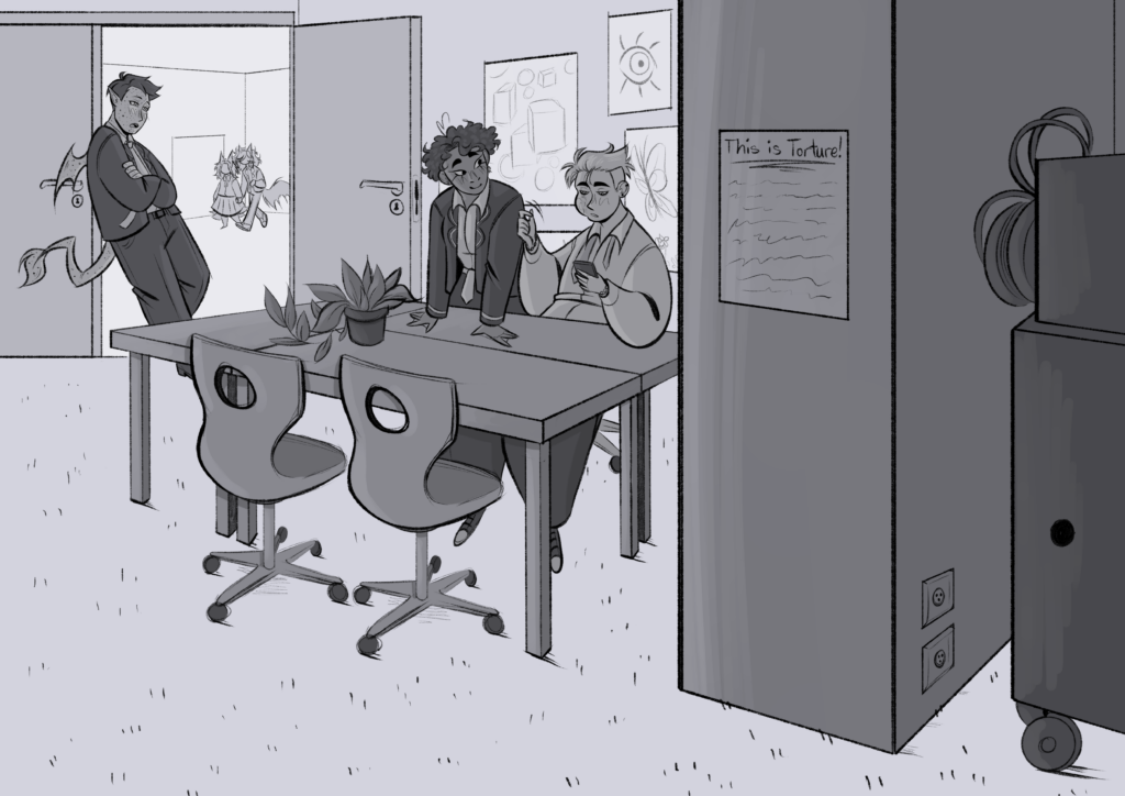 Eine Illustration in graustufen. Zu sehen sind drei Figuren in Schuluniform in einem Raum. In der Mitte ist ein Tisch, wo eine der FIguren sitzt. Die zweite Figur steht neben ihm am Tisch und der dritte lehnt sich an den Türrahmen im linken Bildbereich.